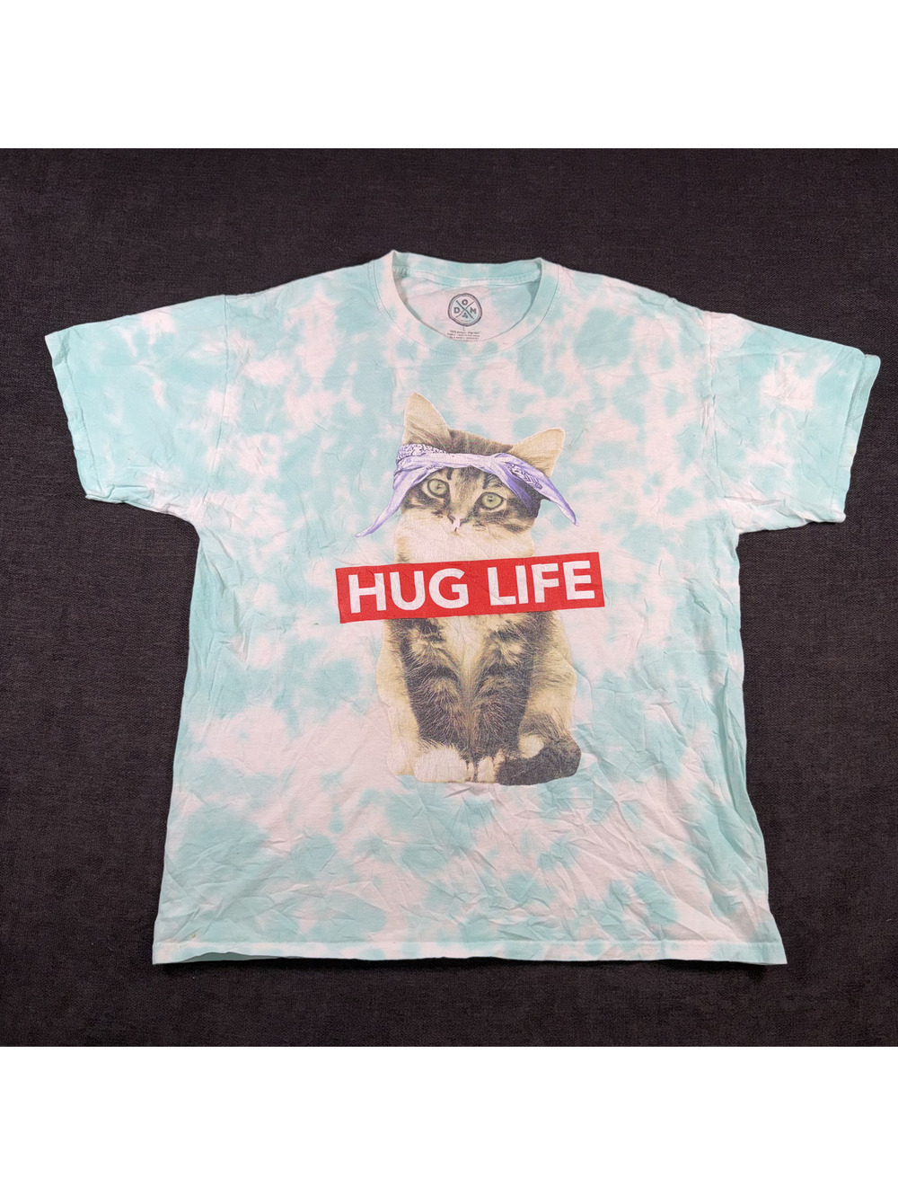 DOM Tie-Dye Cat Graphic T-Shirt with 'HUG LIFE' Print, Size L